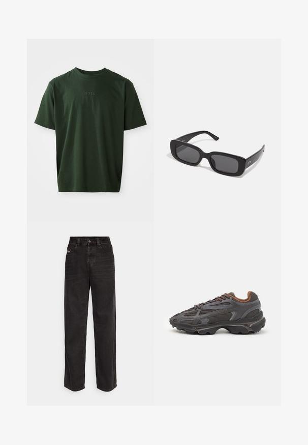 Dark green short-sleeve t-shirt made of soft fabric. Features a crew neck and a subtle embossed "BOSS" logo on the front.; Black denim wide-leg pants with a high waist, front button closure, two side pockets, and subtle stitching details.; Lacoste sneakers in dark gray with mesh and synthetic material, featuring a textured sole and brown accents on the collar and branding.; Black rectangular sunglasses with dark lenses, smooth plastic frames, and wide arms. Subtle branding on the side.