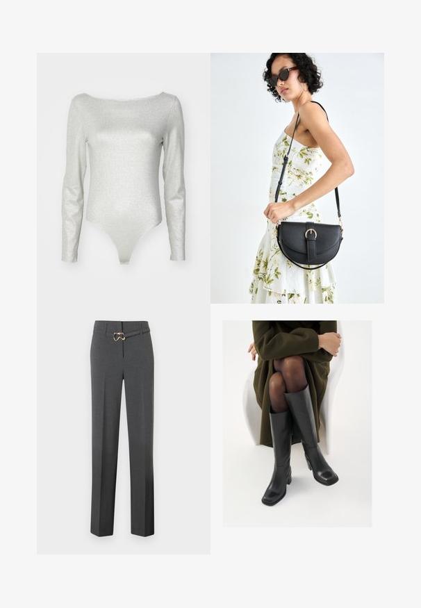 Stříbrný bodysuit s dlouhým rukávem a lodičkovým výstřihem, vyrobený z třpytivé elastické látky, s přiléhavým střihem a tangovými kalhotkami.; Tmavě šedé dámské kalhoty na míru se rovnými nohavicemi a tenkým ladícím páskem se zlatým sponou.; Černé kožené boty po kolena s hranatou špičkou a blokovým podpatkem, předvedené na modelce sedící v olivově zeleném kabátu. Hladký povrch, minimalizované detaily.; Černá kožená kabelka s křivkovým tvarem, odnímatelným popruhem a zlatými detaily. Kabelka má klopu s přezkou.