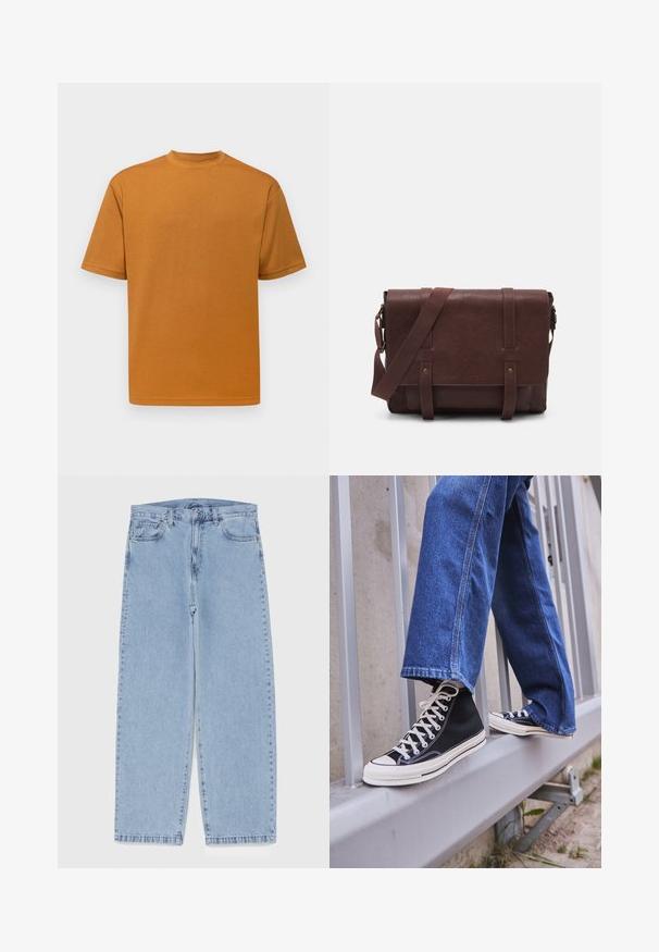 Selected Homme SLHLOOSEOSCAR O NECK TEE - Basic póló - cathay spice; Világoskék farmernadrág egyenes szárú kivitelben, közepes derékkal, öt zsebbel, gombos és cipzáros záródással.; Fekete magasszárú sportcipők fehér talppal és fűzővel, laza kék farmernadrággal párosítva, egy szürke korlát tetején pihenve.; Barna bőr válltáska, lapos elülső fedéllel, két pánttal, arany színű fém kiegészítőkkel és állítható vállpánttal.; Ezüst rozsdamentes acél óra kerek zöld számlappal, ezüst órák jelzőivel, dátumkijelzővel és fémlánc karkötővel. Vízálló 50 méterig.