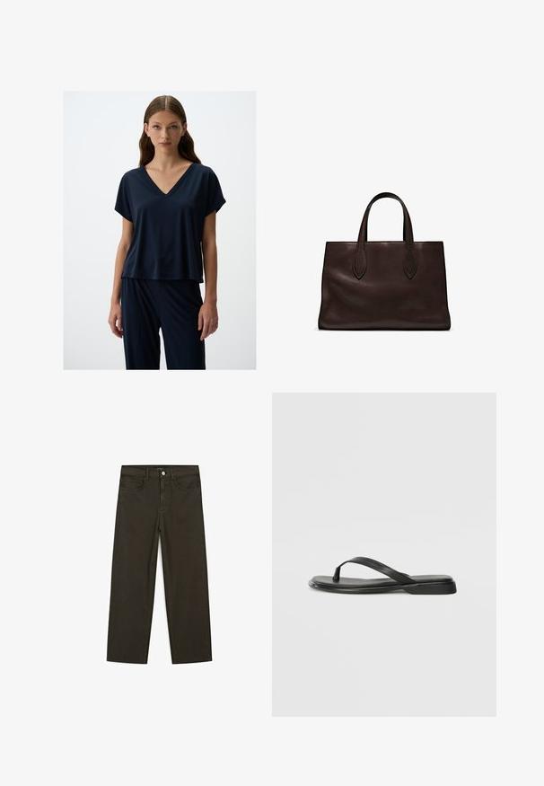 Top blu navy a maniche corte con scollo a V, realizzato in tessuto morbido, caratterizzato da una vestibilità rilassata e una texture liscia, abbinato a pantaloni scuri coordinati.; Jeans a gamba larga di colore verde scuro, realizzati in tessuto misto cotone, dotati di chiusura con bottone frontale, cinque tasche e cuciture classiche in denim.; Infradito neri in pelle liscia, con un design a fascia sottile e una suola piatta dal profilo minimale. Nessun motivo o accento particolare.; Borsa a spalla in pelle marrone con due manici lunghi, forma rettangolare strutturata, texture liscia e dettagli di cucitura sottili.