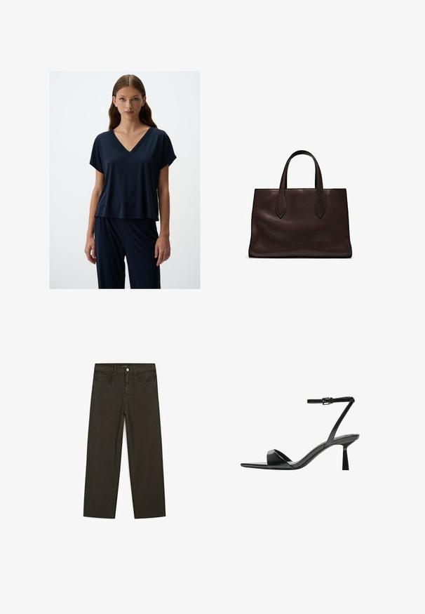 Marineblauw T-shirt met korte mouwen en V-hals, gemaakt van zachte stof, met een ontspannen pasvorm en gladde textuur, gecombineerd met bijpassende donkere broek.; Donkergroene wijde jeans van een katoenmix, met een sluiting met een voorste knop, vijf zakken en klassieke denimstiksels.; Bershka Sandalen met hoge hak - black; Bruine leren tote bag met twee verlengde handvatten, gestructureerde rechthoekige vorm, gladde textuur en subtiele stiksels.