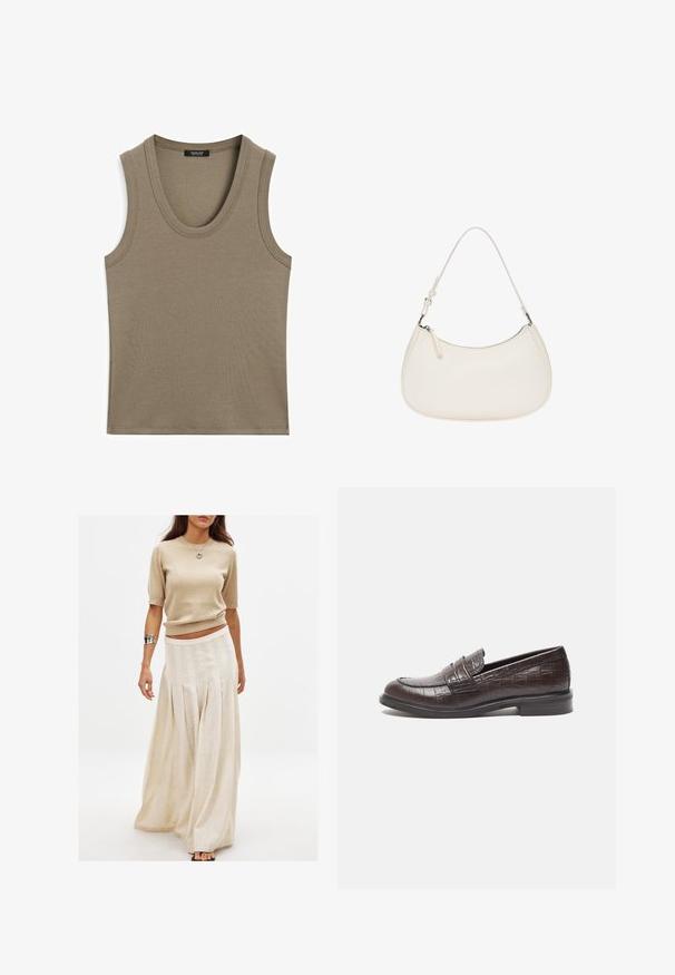 Tank top in earthy taupe color, made from ribbed material. Features a scoop neck and no sleeves, with clean edges and minimal detailing.; Beige knitted short-sleeve top paired with a long, flowy cream skirt featuring vertical pleats and a smooth texture.; Dark brown leather loafers featuring a crocodile texture, low heel, and stitched detailing on the front for added design.; White leather handbag featuring a curved shape, adjustable strap, and top zipper closure. Smooth texture with minimal hardware details.