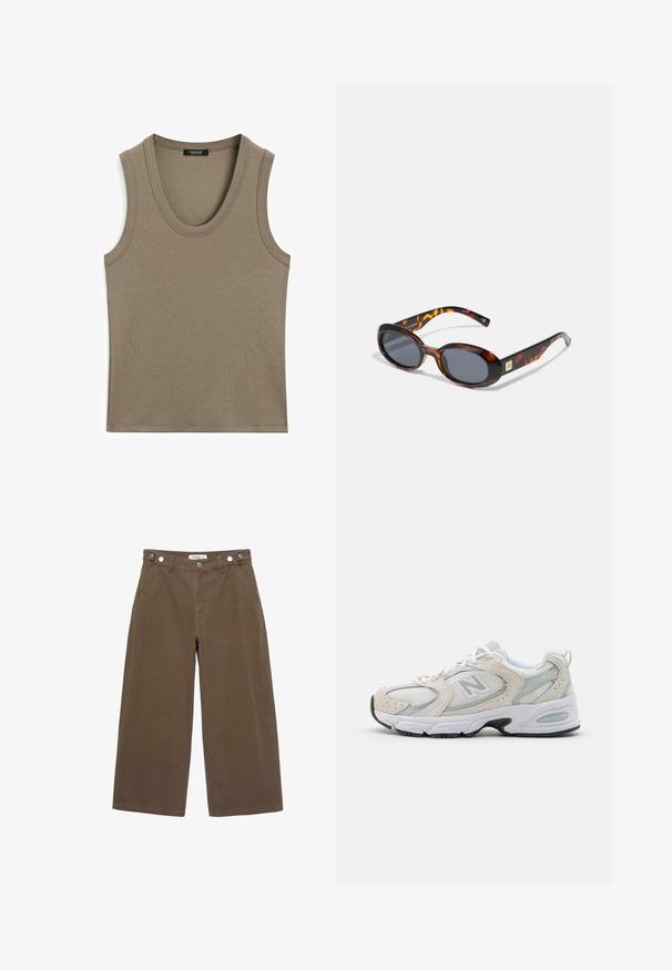 Top bez rękawów w ziemistym odcieniu taupe, wykonany z prążkowanego materiału. Posiada okrągły dekolt i gładkie krawędzie, z minimalnym wykończeniem.; Brązowe spodnie typu wide-leg wykonane z trwałej tkaniny. Posiadają dwie przednie kieszenie, zapięcie na guzik oraz luźny krój z gładką fakturą.; Buty sportowe z jasnoszarym meshem i zamszowymi akcentami, białymi sznurówkami i czarną gumową podeszwą. Zauważalny detal poduszek ABZORB.; Brązowe okulary przeciwsłoneczne w stylu tortoise z owalnymi soczewkami i ciemnoszarym szkłem. Posiadają złotą akcentację na zausznikach. Gładka tworzywowa faktura.; Brązowa skórzana torba tote z dwoma wydłużonymi uchwytami, usztywnionym prostokątnym kształtem, gładką teksturą i subtelnymi detalami przeszycia.