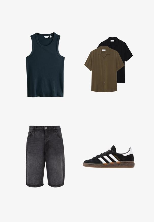 Sötét kék bordázott ujjatlan felső, kerek nyakkivágással és széles vállpántokkal. Nincsenek látható minták vagy díszítések. Puha, rugalmas anyagból készült.; Olíva zöld és fekete színű, rövid ujjú ingek, sima anyaggal, egyenes szegéllyel és diszkrét fényű, hegyes gallérral.; Fekete farmer rövidnadrág, laza fazonnal, öt zsebes kialakítással és gombos záródással. Az anyag sima felületű, enyhe kopással.; Fekete Adidas sneaker fehér csíkokkal, arany "Spezial" felirattal, gumitalppal és fehér saroktabbal, profil nézetben bemutatva.