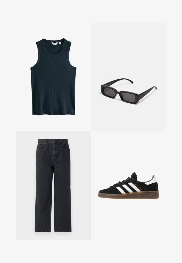 Canottiera a coste di colore blu scuro con scollatura rotonda e spalline larghe. Senza motivi o decorazioni visibili. Realizzata in un materiale morbido e elastico.; Pantaloni in denim blu scuro con gamba ampia, design a cinque tasche e chiusura con bottone. Include dettagli in tonalità rame e una texture sottile.; Sneaker Adidas nere con strisce bianche, testo "Spezial" dorato, suola in gomma e tab sul tallone bianco, mostrato in veduta laterale.; Occhiali da sole neri rettangolari con lenti scure, finitura lucida, aste larghe e design della montatura spessa. Nome del marchio inciso su un'asta.