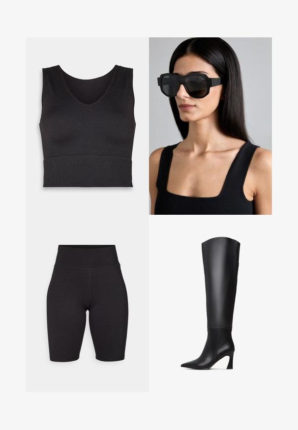 Zwarte geribde crop top met een V-hals en een aansluitend ontwerp. Het materiaal is rekbaar, wat zorgt voor een nauwsluitende pasvorm en een soepele textuur.; Zwarte sportshorts gemaakt van rekbare stof. Hoge tailleband, zachte textuur, knielengte met naden aan de voor- en achterkant voor structuur.; Zwarte leren laarzen tot de knie met een spitse neus, rechte schacht en een taps toelopende hoge hak. Gladde textuur met minimale details.; Oversized zwarte zonnebril met een stevig frame, hoekig ontwerp en gradient donkere lenzen; gedragen met een zwarte mouwloze top.