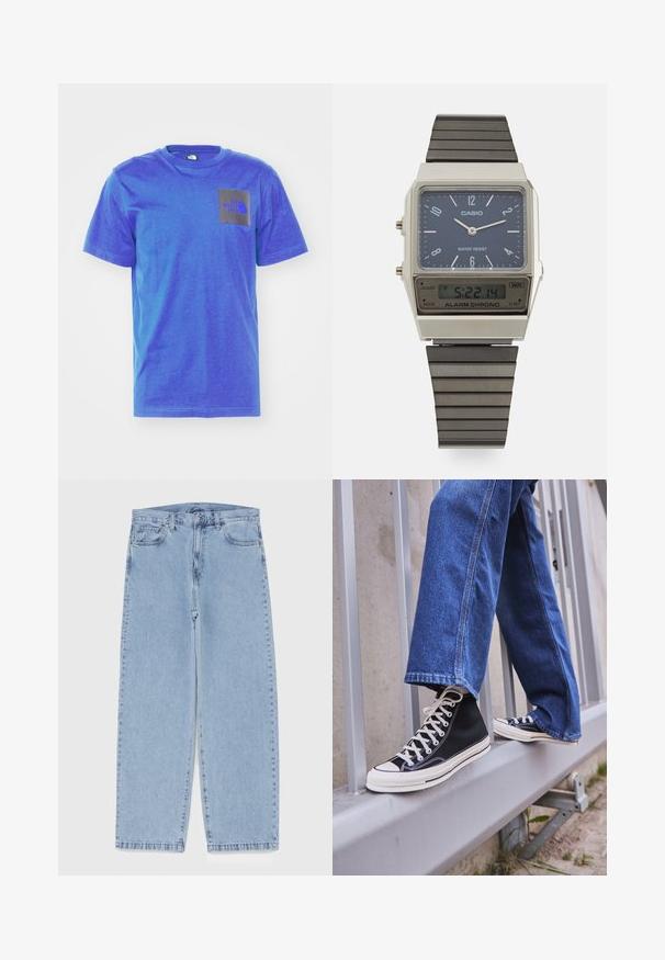 The North Face M SS FINE TEE - Trükipildiga T-särk - blue/black; Heled sinise denimi sirgete põlvede lõikega teksad, millel on keskmise kõrgusega vöökoht, viis taskut ning nööbid ja tõmblukk.; Mustad mustade kõrgete tossudega, millel on valge tallaga ja valged paelad, koos vaba sinise denimidega, mis puhkavad hallil piiridel.; Casio digitaalne kell sinise kelladialiga, hõbedase korpuse ja kihilise musta kummirihmaga. Kuvab aega ja häiresätteid. Veekindel.