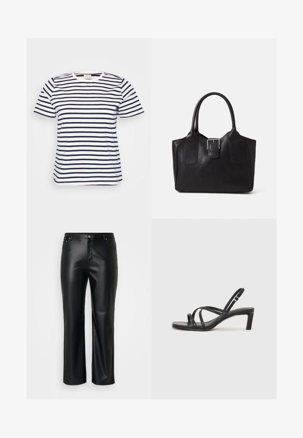 T-shirt branca com riscas horizontais em azul marinho, decote redondo, mangas curtas e um ajuste casual e solto. Tecido de algodão suave, sem adornos visíveis.; Calças de imitação de pele pretas com corte retificado, apresentando passantes para cinto, bolsos frontais e um fecho com zíper e botão. Textura suave.; Sandal de tiras pretas com biqueira quadrada e um pequeno salto bloco. Apresenta várias tiras finas e uma tira no tornozelo ajustável. Feito de couro liso.; Bolsa tote de couro preta com textura suave, forma estruturada, duas alças e um destaque prateado proeminente na parte da frente.