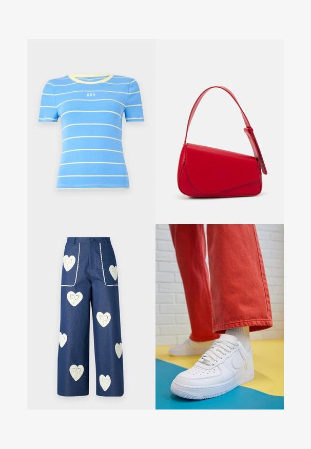Sinine lühikese varrukaga topp horisontaalsete kollaste triipudega, ribiline tekstuur ja ümar kaelus. Ees on väike "GAP" logo.; Sister Jane HEART TO HEART - Sirgete säärtega teksad - blue denim; Valge nahast tennis, millel on perforeeritud varvas, tekstureeritud tallad ja valged shoelaces, kombineeritud laia punase pükste ja sinise ning kollase taustaga.; Punane nahast käekott, millel on nurkadega geomeetriline disain. Omab ühte reguleeritavat rihma ja klappidega sulgemist, millel on õmblustega kaunistused.