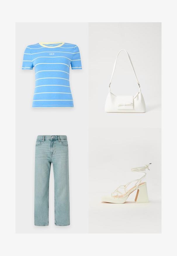 Sinine lühikese varrukaga topp horisontaalsete kollaste triipudega, ribiline tekstuur ja ümar kaelus. Ees on väike "GAP" logo.; Heledad sinine lai leg jeans, mis on valmistatud denimist, klassikalise viie tasku disainiga, puhaste joontega ning regulaarse vöökohtadega, millel on nupuvajutus.; Valged kõrge kontsaga sandaalid, millel on paks konts ja rihmadega disain koos pahkluu sidumisega. Sile tekstuur ja platvorm ees, et lisada kõrgust.; Valge sünteetilisest materjalist kott kolmnurkse kujuga, lame esiklapiga ja kaaredetailiga, reguleeritava rihmaga, sileda tekstuuriga ja minimalistliku disainiga.