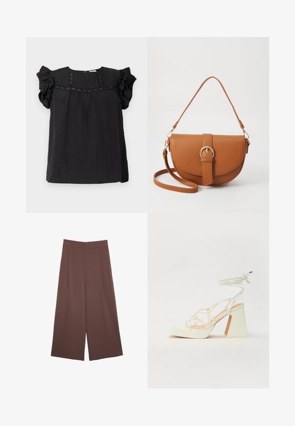 Blusa nera con maniche corte a volant, tessuto texturizzato, dettagli plissettati sul fronte e una vestibilità rilassata e morbida.; Pantaloni ampi marroni con una texture liscia, caratterizzati da una vita alta e pieghe frontali. Il tessuto è leggero e scorre liberamente.; Sandalo bianco con tacco alto, caratterizzato da un design a cinturini e un legaccio alla caviglia. Texture liscia con una piattaforma frontale per un'altezza aggiuntiva.; Borsa a tracolla in pelle marrone con forma curvata, hardware dorato e un dettaglio con fibbia. Presenta una tracolla rimovibile.