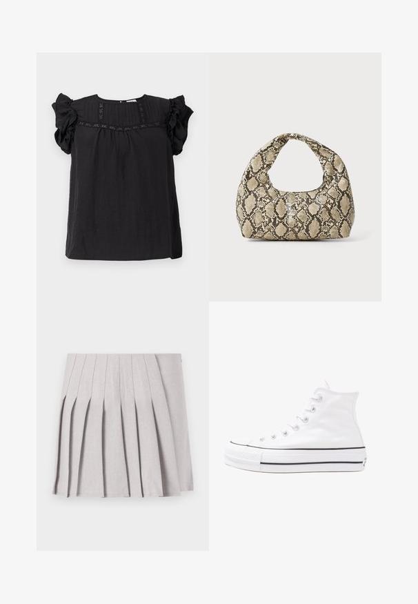 Blusa preta com mangas curtas com babados, tecido texturizado, detalhes plissados à frente e um corte relaxado e solto.; Saia cinza plissada com uma textura suave, apresentando múltiplos pregas verticais e uma cintura ajustada. Feita de tecido leve.; Sapatilha alta de tela branca com sola de borracha preta, bico de borracha na frente e seis ilhós para os atacadores, apresentando um design limpo e minimalista.; Bolsa com padrão de pele de cobra e uma alça curva. Feita de materiais texturizados em bege e castanho, apresentando um padrão de diamante distintivo.