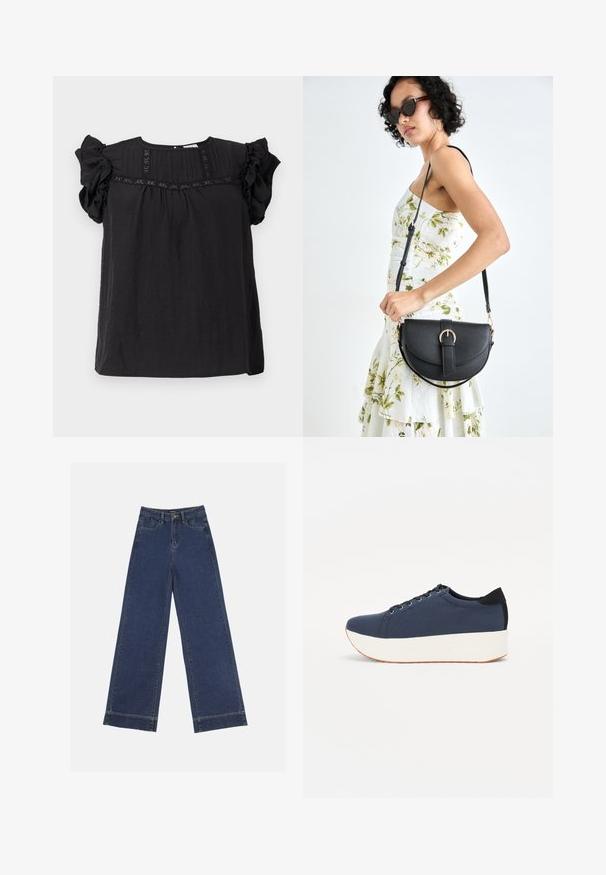 Čierna blúzka s krátkymi volánovými rukávmi, textúrovaná tkanina, prekladané detaily vpredu a voľný, uvoľnený strih.; Džínsy s širokými nohavicami v tmavomodrom denime. Majú päť vreciek, pútka na opasok a surový spodný lem s viditeľnými švy.; Námornícky modré tenisky s textúrovaným textilným zvrškom, bielou platformovou podrážkou, zaoblenou špičkou a čiernym akcentom na päte. Obsahujú šesť otvorov na šnúrky.; Čierna kožená kabelka s zaobleným tvarom, odnímateľným popruhom a zlatými doplnkami. Kabelka má klopu s detailom s prackou.