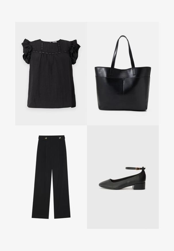 Blusa preta com mangas curtas com babados, tecido texturizado, detalhes plissados à frente e um corte relaxado e solto.; Calças largas pretas com cintura alta, detalhes em botão na cintura e pregas frontais.; Sandal de pele preta com bico pontiagudo e um salto bloco baixo. Apresenta uma tira no tornozelo com uma fivela em tom dourado. Textura suave.; Bolsa tote preta em couro com duas alças longas, textura suave e forma estruturada. Apresenta um bolso frontal para armazenamento adicional.