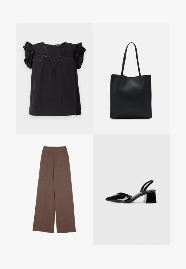 Black blouse with short ruffled sleeves, textured fabric, pleated detailing at the front, and a relaxed, loose fit.; Wide-leg trousers made of a textured, ribbed fabric in a warm brown color. Features a seamless waistband and flowing silhouette.; Black patent leather slingback heels with a pointed toe and a geometric block heel. Features a sleek, minimal design and smooth texture.; Black leather tote bag with smooth texture, rectangular shape, and two long handles. No visible hardware or embellishments.