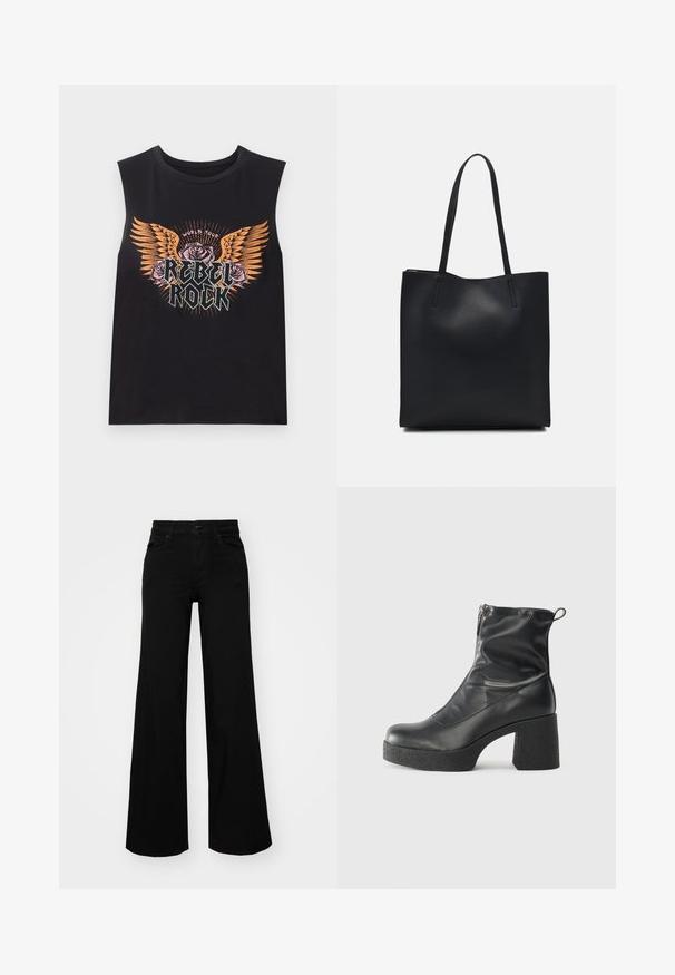 Crna bezrukavna pamučna majica s više boja grafikom koja prikazuje krila, ruže i natpis "REBEL ROCK". Okrugli izrez i opušteni kroj.; Crne široke traperice s čvrstim pojasom, petljama za remen i prednjim džepovima. Gladak teksturirani materijal s klasičnim dizajnom.; Crne gležnjače od glatke kože, s bočnim zatvaračem, debelim teksturiranim potplatom i dizajnom s zaobljenim prstima.; Crna kožna torba za nošenje s glatkom teksturom, pravokutnim oblikom i dvije duge ručke. Nema vidljivih metalnih dijelova ili ukrasa.
