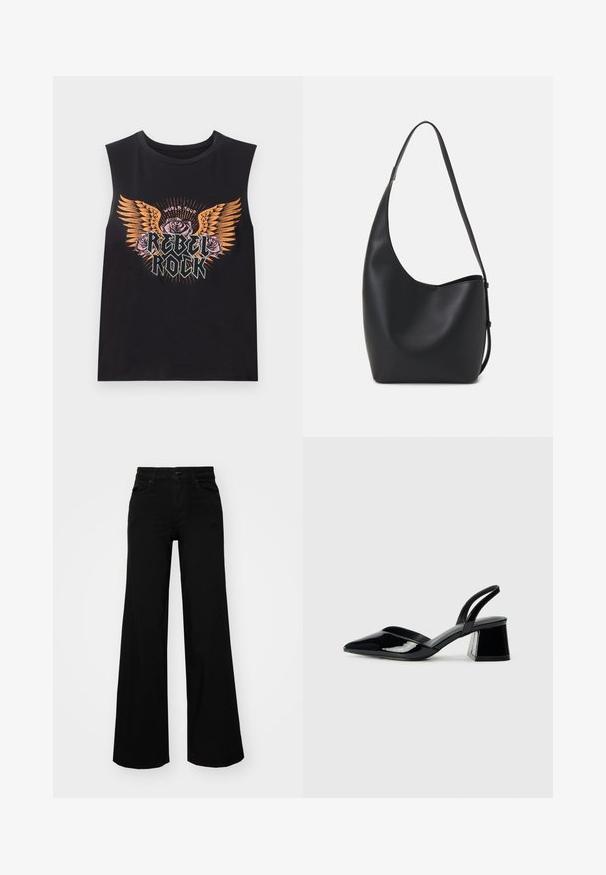 Juodas be rankovių medvilninis marškinėliai su daugi spalviu grafiniu piešiniu, kuriame pavaizduoti sparnai, rožės ir užrašas "REBEL ROCK." Apskrito kaklo iškirpimas ir laisvas siluetas.; Juodos plačios kelnės iš denimo, turinčios struktūruotą juosmenį, diržo kilpas ir priekines kišenes. Lygus paviršius su klasikinio dizaino elementais.; Juodos lakuotos odinės šlepetės su smailiu pirštu ir geometriniu bloko kulnu. Turi elegantišką, minimalistinį dizainą ir lygų paviršių.; Juodas odinis hobo maišas su lygiu paviršiumi, kreipta forma ir viena reguliuojama rankena; turi platų atidarymą viršuje.