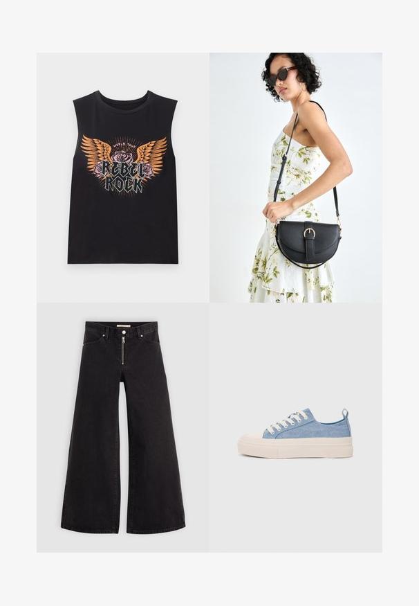 Juodas be rankovių medvilninis marškinėliai su daugi spalviu grafiniu piešiniu, kuriame pavaizduoti sparnai, rožės ir užrašas "REBEL ROCK." Apskrito kaklo iškirpimas ir laisvas siluetas.; Plačios kojų džinsai iš juodo džinsinio audinio su užtrauktuku priekyje, penkių kišenių dizainu ir subtiliais siuvinėjimo akcentais. Lygus paviršius ir laisvalaikio stilius.; Šviesiai mėlyni drobės sportbačiai su kreminiu guminiu pirštų apsaugos ir pado elementu, balti raišteliai ir kilpa ant kulno.; Juodas odinis krepšys su išlenkta forma, nuimamu dirželiu ir auksiniais detalėmis. Krepšys turi kilpą su sagtimi.