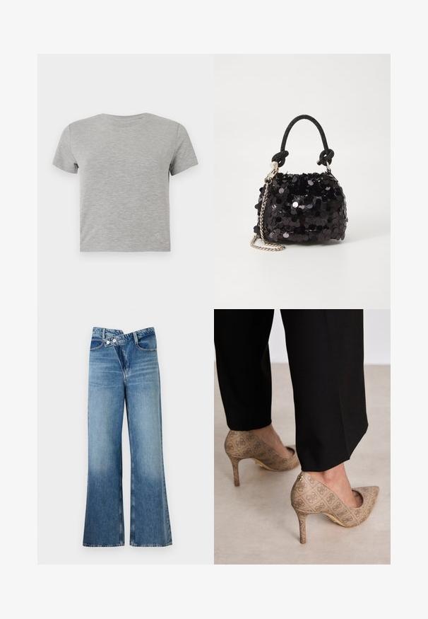 Siva majica s kratkim rukavima od mekog materijala, s okruglim izrezom i delikatnim akcentnim logom u donjem desnom kutu.; Svijetloplave traperice s izrezom i visokim strukom, s dva gumba i prednjim džepovima. Tkanina ima izblijeđenu teksturu s suptilnim varijacijama.; Bež cipele s visokom petom izrađene od teksturiranog materijala s ponavljajućim uzorkom. Dizajn s oštrim vrhom s pozadinskim naglaskom i zlatnim detaljem na peti.; Crna mini torbica sa šljokicama, s čvorastim teksturiranim remenom i srebrnim lancem. Zaobljenog oblika s naboranim vrhom i reflektivnim detaljima.