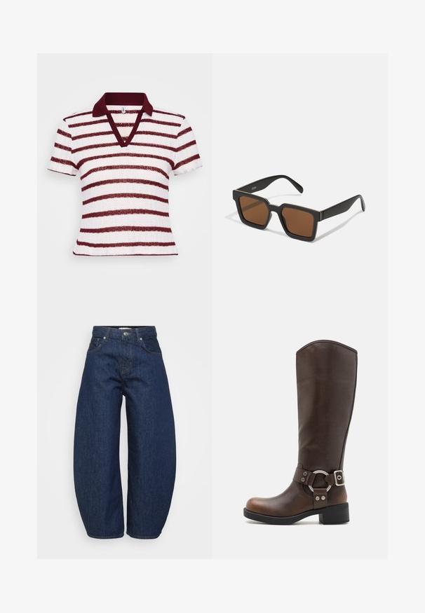 Ribadees polo särk sügava V-kaelusega, lühikeste varrukatega ja burgundi värvi kraega. Omab vahelduvaid laiaid valgeid ja burgundi värvi triibusid tekstuuris kangas.; Kõrge vöökohaga tumesinised denim püksid laia säärega, esine nupuga ja tõmblukuga sulgemine ning klassikaline viie tasku disain.; Pruun nahkne põlvini saabas, millel on ümmargune metallist aksessuaar ja sääreklamber. Kergelt tekstureeritud ülemine osa, kergelt tõstetud konts ja ümar varvas.; Must mustad prillid pruunide läätsedega, millel on matt viimistlus ja kuldsed aktsendid raami peal. Disain on nurkne laia varrega.; Kuldse tooniga kõrvarõngad, millel on sile ja kaarjas disain. Valmistatud metallist, omavad nad stiilset viimistlust ja kinnitust tagaküljelt.