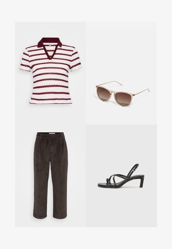 Polo majica s prugami z globokim V-izrezom, kratkimi rokavi in maroon ovratnikom. Ima izmenične široke bele in maroon pruge v teksturirani tkanini.; Rjave kordurojske hlače s ravnim krojem, subtilno teksturo ter sprednjim gumbom in stranskimi žepi.; Črne natikače s trakovi in kvadratnim prstom ter nizkim blokastim peto. Imajo več tankih trakov in nastavljiv trak okoli gležnja. Narejene so iz gladkega usnja.; Rjavi gradient sončna očala s prozornim roza okvirjem, kvadratne oblike in tankimi kovinskimi ročaji. Imajo zaobljene robove in minimalne detajle.; Črn smolnati zapestnica z gladko, sijočo površino in zaobljenimi robovi. Ima majhen zlat "Pilgrim" logotip na notranji strani.