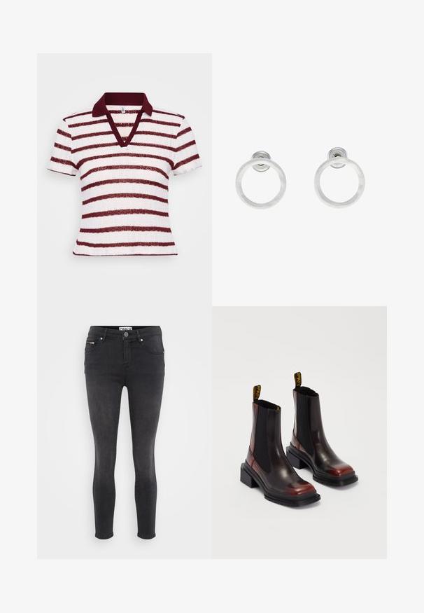 Pruhovaná polo košeľa s hlbokým V-výstrihom, krátkymi rukávmi a marhuľovým golierom. Obsahuje striedajúce sa široké biele a marhuľové pruhy v textúrovanej tkanine.; Čierne skinny džínsy z denimu. Obsahujú predné zapínanie na gombík a zipsovú kapsu v páse. Hladká štruktúra s minimálnym vyblednutím.; Dr. Martens MAYBOLE CHELSEA - Členkové čižmy na platforme - black/cherry red; Strieborné kovové náušnice vo forme kruhov s brúsenou textúrou, so zaobleným dizajnom a priehľadným zarážkou pre bezpečné nosenie.