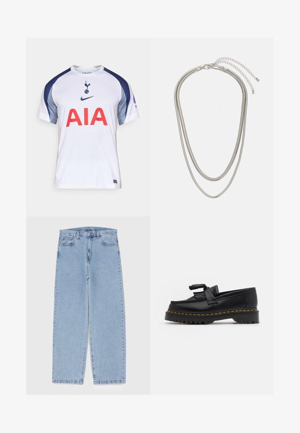 Tricou de fotbal alb cu accente albastre și gri, având un mare logo roșu "AIA" pe față și un emblema a clubului pe piept. Fabricat dintr-un material ușor.; Jeans din denim de culoare albastru deschis, cu un design cu picioare drepte, având talie medie, cinci buzunare și un sistem de închidere cu nasture și fermoar.; Mocasini din piele neagră cu un accent ciufulit, având o talpă groasă neagră și cusături galbene pe margine. Finisaj texturat.; Colier din metal argintiu în trei straturi, cu lanțuri elegante și flexibile, cu un ușor luciu, asigurat cu un închizător de tip homar și un lanț ajustabil.