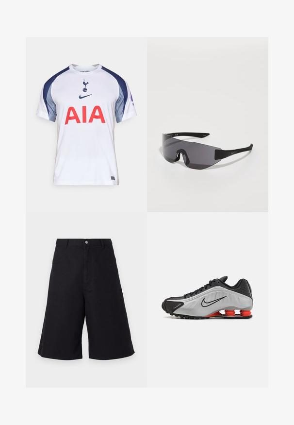 Bela nogometna majica z modrimi in sivimi poudarki, ki na sprednji strani nosi veliko rdeče oznake "AIA" ter klubskim grbom na prsih. Narejena iz lahkega materiala.; Črne bombažne kratke hlače ravnega kroja, ki imajo sprednje žepe, gumbasto zapiranje in teksturo primerno za sproščeno nošenje.; Črne in silverne atletske čevelj z teksturirano zgornjim delom, izrazitimi utorom in rdečimi blažilnimi elementi na peti za podporo. Nizek dizajn.; Črne športne sončna očala z ovito zasnovo, temno zatemnjenimi lečami, angularno obliko in logotipnimi detajli na ročajih.