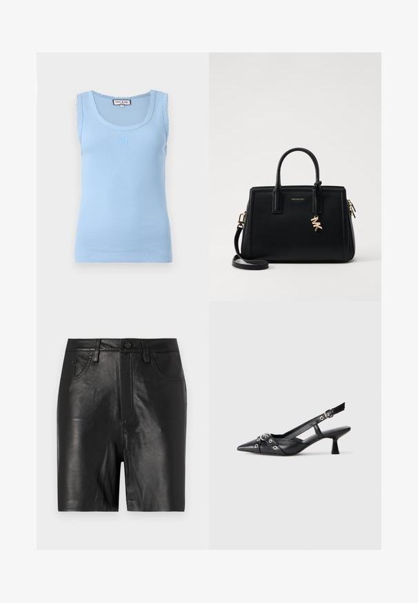 Top din bumbac de culoare bleu deschis, cu un decolteu rotund și margini ondulate. Prezintă un logo brodat pe față și o siluetă ajustată.; Shorts negri din piele cu o textură netedă, având un fermoar frontal, închidere cu nasture și un design clasic cu cinci buzunare.; Pantofii slingback din piele neagră, cu vârful ascuțit, curele decorative cu ochiuri din metal și toc bloc mic. Suprafață texturată.; Geantă de mână din piele neagră cu un design structurat, mânere superioare duble, curea de umăr detasabilă, accesorii din aur și un pandantiv cu logo.