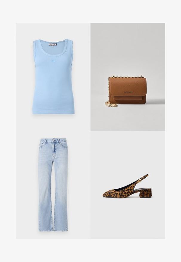 Light blue ribbed tank top with a rounded neckline and scalloped trim. Features embroidered logo on the front and a fitted silhouette.; Light blue denim flared jeans with five-pocket design, belt loops, and a button closure. Soft texture with subtle fading.; Women's leopard print slingback shoe with low block heel and gold buckle on side strap, shown in side profile on plain background.; Brown textured leather crossbody bag with gold chain strap and flap closure. Front features logo detail and a pocket under the flap.