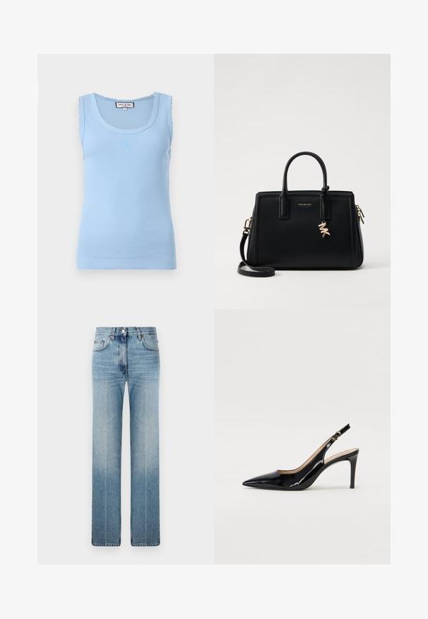 Vaaleansininen ribattua kangasta oleva toppi, jossa on pyöristetty kaula-aukko ja hapsureunus. Edessä on brodeerattu logo ja tiukka siluetti.; Vaaleansiniset suorat farkut, joissa on hieno kulutus, klassinen viisi-taskuinen muotoilu ja metallinen nappisuljenta vyötäröllä.; Musta lakattu nahkainen slingback-korkokenkä, jossa on terävä kärki, kapea korko ja hillitty leikkaussuunnittelu. Varressa on kultainen solki.; Musta nahkalaukku, jossa on jämäkkä muotoilu, kaksinkertaiset ylätangot, irrotettava olkahihna, kultalevjät ja logokoru koristeena.