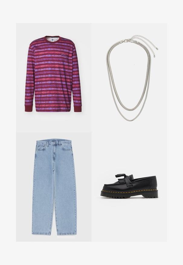 Långärmad tröja med rund halsringning i burgundy och lila ränder. Mjuk tyg med ribbade ärmslut, med en Adidas-logotyp på vänster bröst.; Ljusblå denimjeans med rak bendesign, midjehög midja, fem fickor samt knapp- och dragkedjestängning.; Svart läderloafer med en tofsdetalj, med en kraftig svart sula och gul söm längs kanten. Strukturerad yta.; Tre-lager silvermetallhalsband med eleganta, flexibla kedjor med en svag glans, säkrad med ett kräftklämma och justerbar kedja.