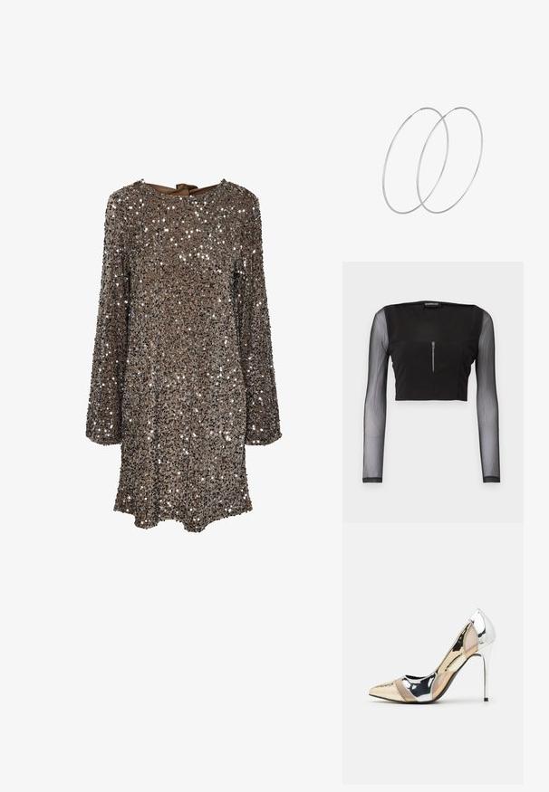 Czarny crop top z kwadratowym dekoltem, wykonany z nieprzezroczystego materiału z przezroczystymi długimi rękawami. Zamek błyskawiczny z przodu dodaje szczegółu do projektu.; Sukienka z długim rękawem, wykonana z brązowego materiału pokrytego srebrnymi cekinami, z okrągłym dekoltem i wstążką z tyłu. Powierzchnia odbijająca światło i teksturowana.; Czółenka na wysokim obcasie z wąskim noskiem w kolorze srebrnym, złotym i nude. Lśniące wykończenie z wycięciami, z obcasem w stylu stiletto.; Srebrna metaliczna torba worek o miękkim, zaokrąglonym kształcie i zawiązywanym z góry zapięciem. Wykonana z gładkiego materiału imitującego skórę.; Srebrne kolczyki w formie obręczy o minimalistycznym designie. Okrągły kształt, gładka faktura i cienki profil. Lekkie, z polerowanym wykończeniem.
