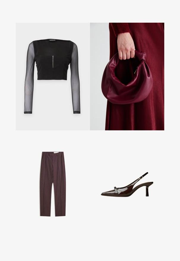 Top crop negru cu decolteu pătrat, realizat dintr-un material opac și cu mâneci lungi transparente. Închiderea cu fermoar pe față adaugă detalii designului.; Pantaloni purpurii cu dungi, cu pliuri, având talie înaltă și un croi drept. Confecționați dintr-un material neted, texturat.; Pantofii slingback din piele lăcuită maro, cu vârf ascuțit, toc mic și un accent decorativ sub formă de fundă în față. Textură netedă și strălucitoare.; Geantă de mână din piele burgundă, cu un design moale și pliat și o formă rotundă. Mânerele sunt securizate, evidențiind o textură netedă.