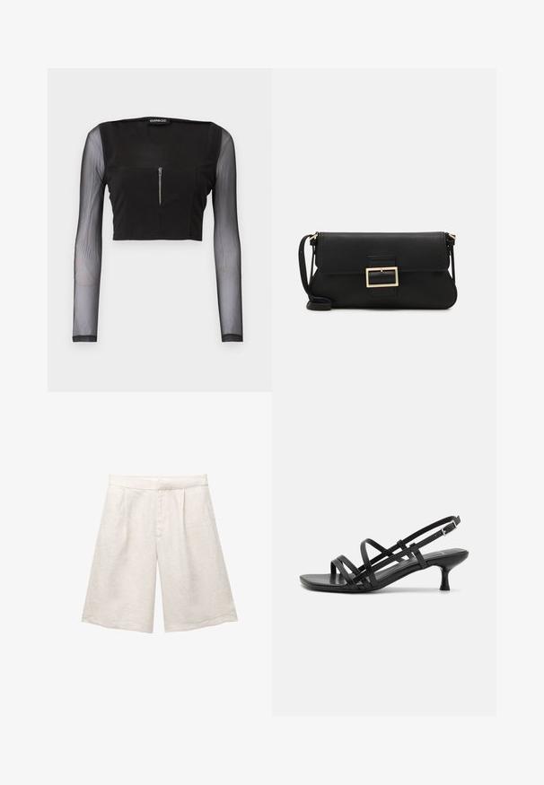 Schwarzes Crop-Top mit rechteckigem Ausschnitt, aus undurchsichtigem Stoff und langen transparenten Ärmeln. Der Frontreißverschluss verleiht dem Design das gewisse Etwas.; Beige Leinenbermudas mit weitem Bein, versehen mit Vorderfalten und glattem Bund. Der Stoff hat eine leicht strukturierte Oberfläche.; Schwarze High Heels Sandalen mit mehreren überkreuzten Riemen. Glattes Material, spitze Zehenpartie und schmaler Absatz. Verstellbarer Knöchelriemen mit Schnalle.; Schwarze Leder-Clutch mit Klappe und goldfarbenem Metallschnallen-Detail. Enthält einen schwarzen Riemen und ein schlankes, minimalistisches Design.; Ohrringe aus goldfarbenem Metall mit einem schlanken, geschwungenen Design. Sie verfügen über eine markante, spitze Form, eine polierte Oberfläche und einen Scharnierverschluss.