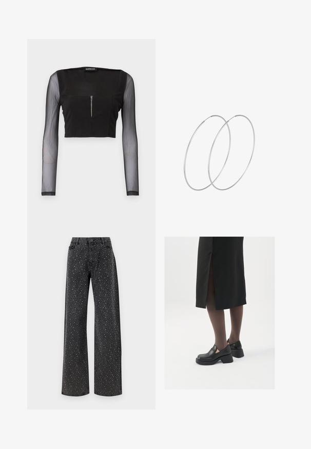 Zwart crop top met een vierkante halslijn, gemaakt van ondoorzichtige stof en voorzien van doorschijnende lange mouwen. Een rits aan de voorkant voegt detail toe aan het ontwerp.; Noisy May NMJANNEL LOOSE - Relaxed fit jeans - black denim; Zwarte leren schoenen met een ronde neus, dikke blokhak en elastische zijkanten, gecombineerd met donkere panty's en een zwarte rok met een split.; Zilveren hoepel oorbellen met een minimalistisch ontwerp. Cirkelvormig, gladde textuur en dun profiel. Lichtgewicht met een gepolijste afwerking.