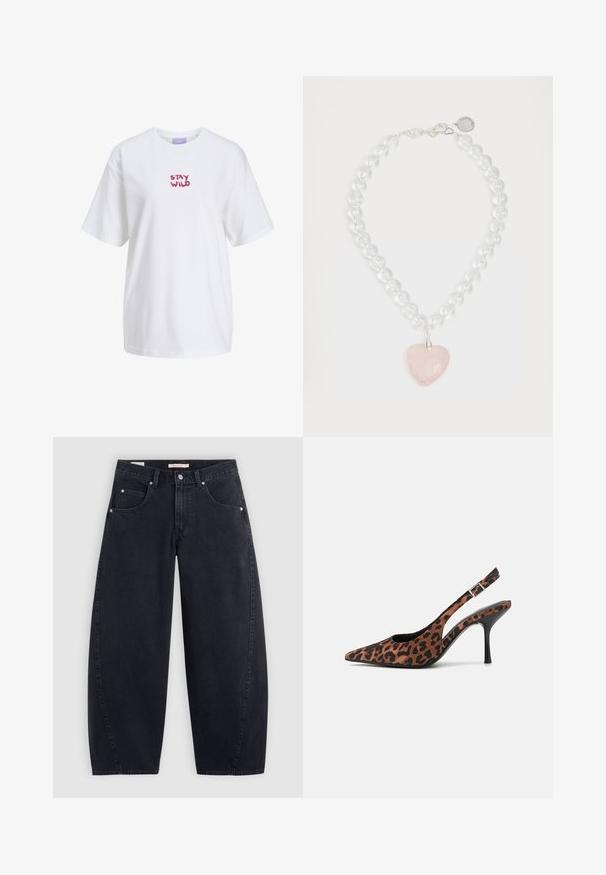 Camiseta branca de algodão com mangas curtas e decote redondo, com "STAY WILD" em letras cor-de-rosa e divertidas no peito.; Calças de ganga largas pretas com uma cintura alta, dois bolsos frontais e detalhes em metal prateado. Textura suave, detalhes de costura mínimos e corte reto.; Sapatos de salto alto de tira com estampa de leopardo, bico fino, salto preto brilhante e fita ajustável no tornozelo. Material suave com acabamento texturizado.; Colar com contas redondas transparentes, acessórios em prata e um pendente em forma de coração rosa com superfície facetada.