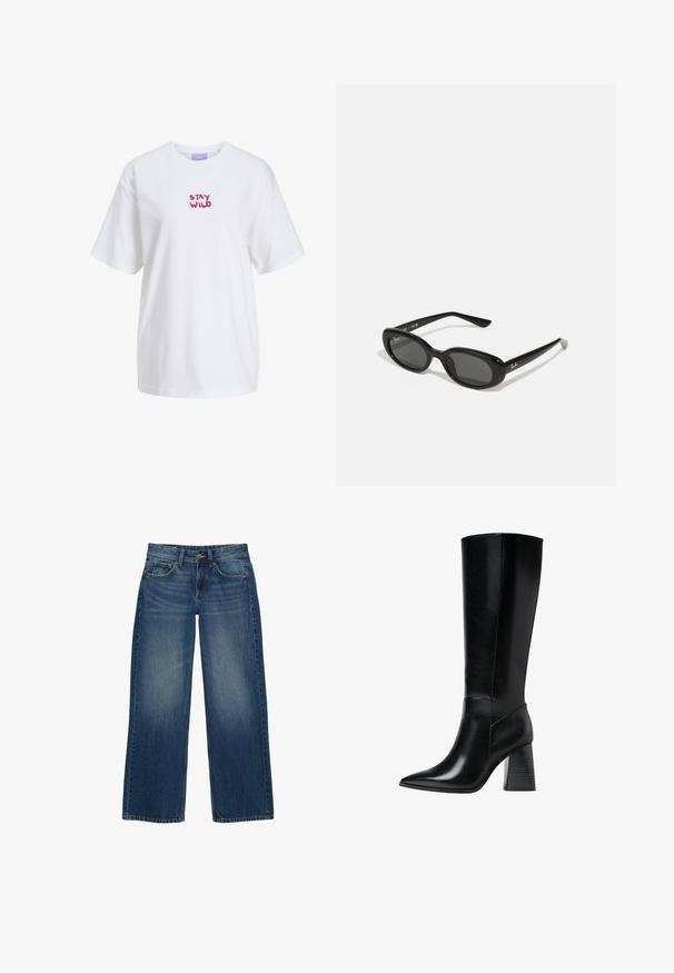 Vit bomulls-t-shirt med korta ärmar och rund halsringning, med "STAY WILD" i rosa, lekfull bokstavsdesign på bröstet.; Breda blå denimjeans med en urtvättad look, femficksdesign och kontrasterande sömnad. Stängs med en knapp och dragkedja.; Knä höga svarta läderstövlar med spetsig tå, slät yta och en robust räfflad klack för stabilitet. Strömlinjeformad design med minimala detaljer.; Svarta solglasögon med ovala linser, glansigt plastbåge och smala armar. Har Ray-Ban-logotypen i vitt på sidan.; Svart läderhandväska med flätade handtag, texturerad yta, dragkedjeförsedd framficka och dekorativa fransdetaljer. Kompakt och strukturerad form.