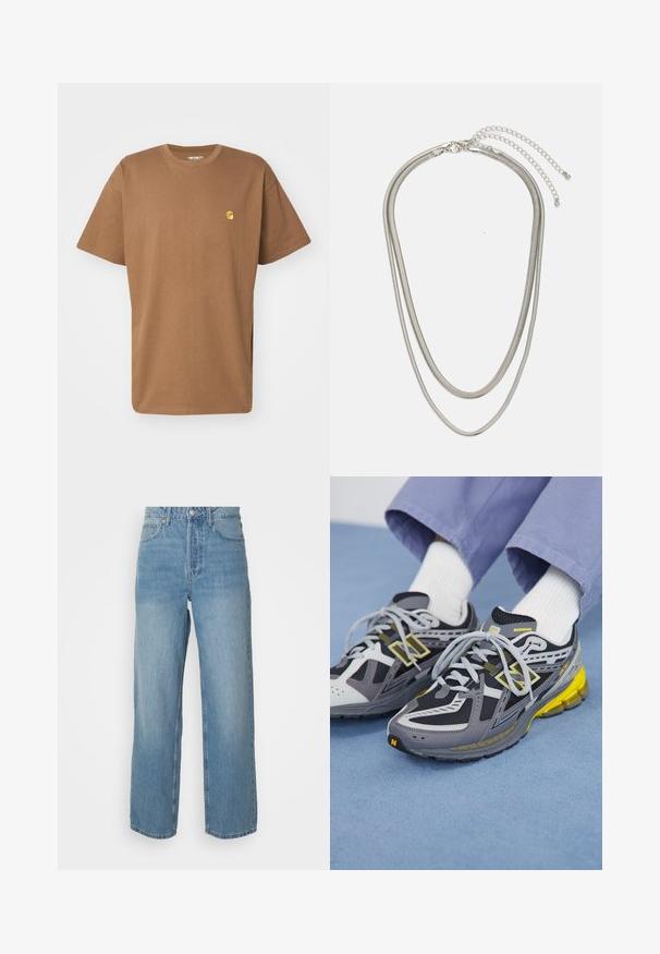 Carhartt WIP CHASE - T-paita - chocolate/gold; Vaaleansiniset korkeavyötäröiset farkut, suorat lahkeet, etupainikekiinnitys ja five-pocket-tyyli tasaisella taustalla.; Harmaat ja mustat juoksukengät, joissa on verkkokangasta ja synteettistä materiaalia, paksu pohja, jota korostavat keltaiset yksityiskohdat ja heijastavat elementit.; Kolmikerroksinen hopeametallinen kaulakoru, jossa on tyylikkäitä, joustavia ketjuja, joissa on hieno kiilto. Kaulakoru on kiinnitetty hummerilukolla ja siinä on säädettävä ketju.