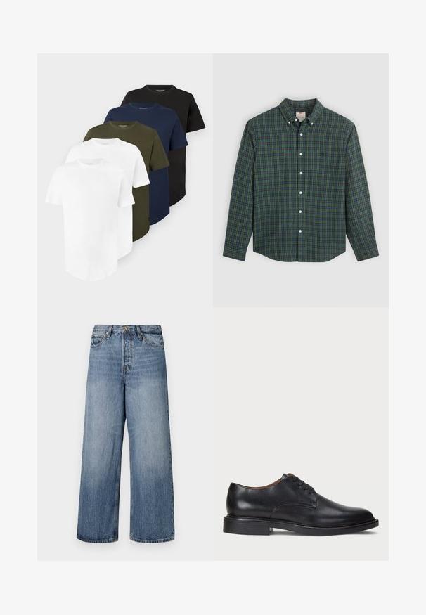 Cinci tricouri simple cu mâneci scurte și guler rotund, în alb, verde măsliniu, albastru închis și negru, așezate într-un teanc stratificat.; Cămașă cu mânecă lungă, cu nasturi, cu un model tartan verde, albastru și galben, nasturi albi și guler cu nasturi.; Jeans din denim blue, cu croială largă, cu un finisaj decolorat, design cu cinci buzunare și închidere cu buton. Echipate cu bucle pentru curea și detalii cusute.; Pantofle din piele neagră cu vârful rotund, design cu șireturi și toc jos stratificat. Textură netedă cu detalii de cusătură minime.
