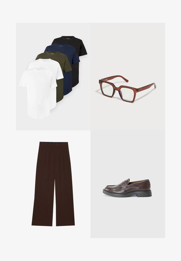 Cinci tricouri simple cu mâneci scurte și guler rotund, în alb, verde măsliniu, albastru închis și negru, așezate într-un teanc stratificat.; Pantaloni maro, cu picioare largi, cu pliuri. Realizați dintr-un material neted, având o talie cusută și buzunare laterale. Tiv plat la baza.; Mocasini din piele maro cu un finisaj neted, vârful rotund, cusături minime și o talpă groasă din cauciuc negru. Fără accesorii sau detalii vizibile.; Ochelari rectangulare supradimensionate, maro, cu lentile clare și o nuanță ușoară de roz pe lentila din dreapta. Rame din plastic cu textură netedă.
