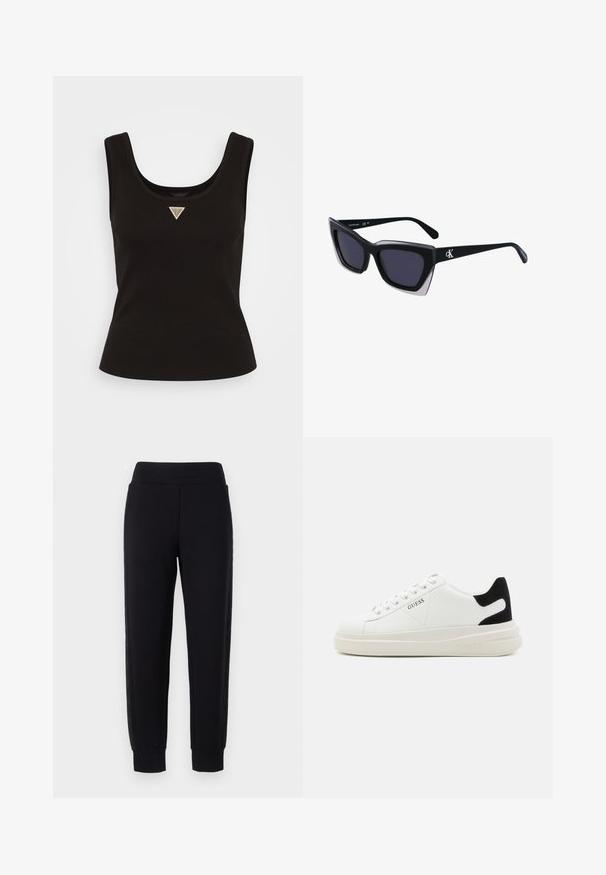 Melnā ribota apaļā kakla bez piedurknēm topa ar mazu trīsstūra logo sudrabainā krāsā centrā. Pieguļošs dizains.; Melni sporta bikses ar sašaurinātiem uzmavām, ar platu elastīgu jostu un teksturētām sānu paneļiem. Izgatavotas no mīksta, elastīga materiāla.; Baltas ādas sporta apavi ar biezu balto zoli, melna zamša uzpura un izspiestais logotips sānos. Šņorējuma dizains ar sešiem acu caurumiem.; Melni pārmēru saulesbrilles ar ģeometrisku formu, kas aprīkotas ar tumšiem stikliem un kontrastējošu pelēku akcentu uz rāmja. Logo uz kājas.