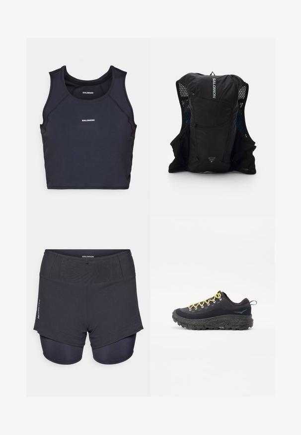 Černý sportovní tílko s přiléhavým střihem, kulatým výstřihem a plochými švy. Na přední straně se nachází bílé logo "Salomon".; Tmavě šedé sportovní šortky s vnitřní elastickou podšívkou, s texturovaným povrchem a logem "Salomon" na boku.; Hikingová obuv s černým svrškem vyrobeným z strukturované textilie, žlutými tkaničkami, stříbrnými oky a robustní černou Vibram podrážkou se skvrnitými akcenty.; Černá běžecká vesta s bočními síťovanými kapsami, reflexními doplňky a přední kapsou na zip. Lehká tkanina navržená pro pohodlí a prodyšnost.