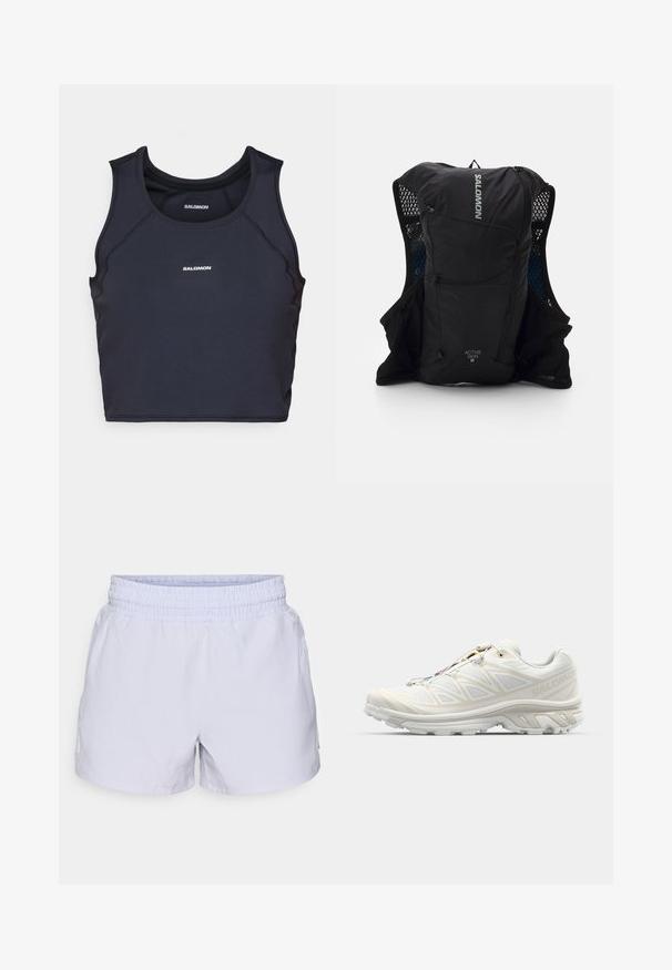 Camisola atlética preta com um design ajustado, decote redondo e costuras planas. Apresenta o logótipo "Salomon" em branco na parte da frente.; Bermudas de cor púrpura clara com uma cintura elástica, feitas de um tecido suave. Apresentam um pequeno detalhe de logotipo na lateral. Design leve.; Sapatilha de corrida branca com parte superior em malha respirável, detalhes texturizados e sola almofadada. Possui um sistema de atacadores rápidos para um ajuste fácil.; Colete de corrida preto com bolsos laterais em malha, detalhes refletivos e um bolso com zip na frente. Fabricado com tecido leve, projetado para conforto e respirabilidade.