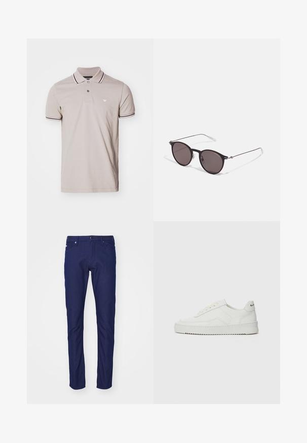 Polo bege claro feito de algodão, apresentando uma pala com três botões, gola e punhos de manga com riscas pretas e brancas, e um pequeno logótipo.; Jeans slim fit azul marinho, feitos de denim, com fecho de botão, design de cinco bolsos e uma textura subtil com um acabamento liso.; Sapatilha de couro branco com acabamento suave, bico redondo, atacadores planos e uma sola texturizada. Apresenta um logotipo discreto no calcanhar.; Óculos de sol redondos pretos com lentes escuras e hastes metálicas finas. Inclui pontas de templo transparentes e detalhes em prata na dobradiça. Design minimalista.