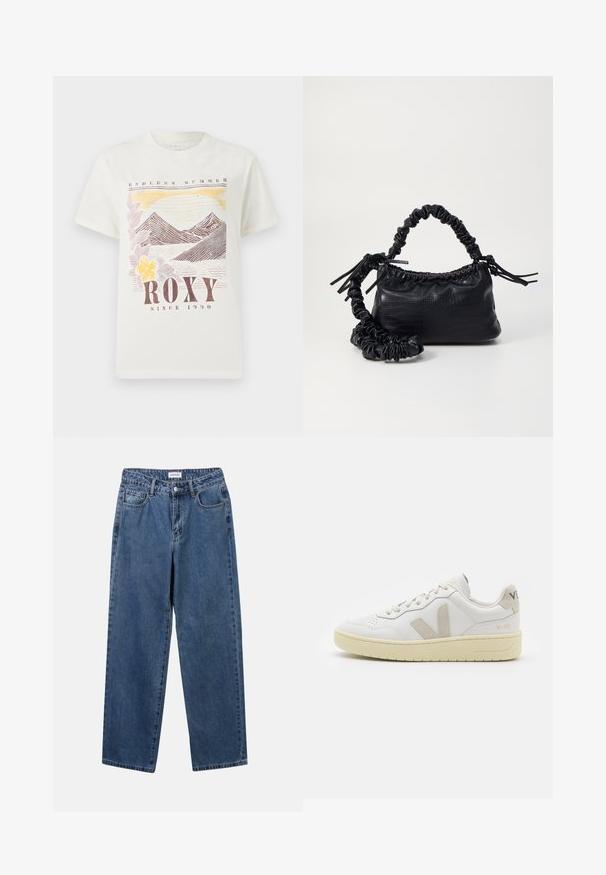 White cotton t-shirt featuring mountain and sunset graphic in earthy tones, with "ROXY" and "ENDLESS SUMMER" text. Classic fit, short sleeves.; Classic blue denim jeans with a straight-leg design, five pockets, and a button closure. Features a medium wash and sturdy texture.; White leather sneaker with beige suede accents, perforated toe box, flat laces, and a textured cream sole. Features subtle branding on heel.; Black faux leather handbag with a crocodile texture, cinched top, and a scrunched strap. Appears soft and compact in design.
