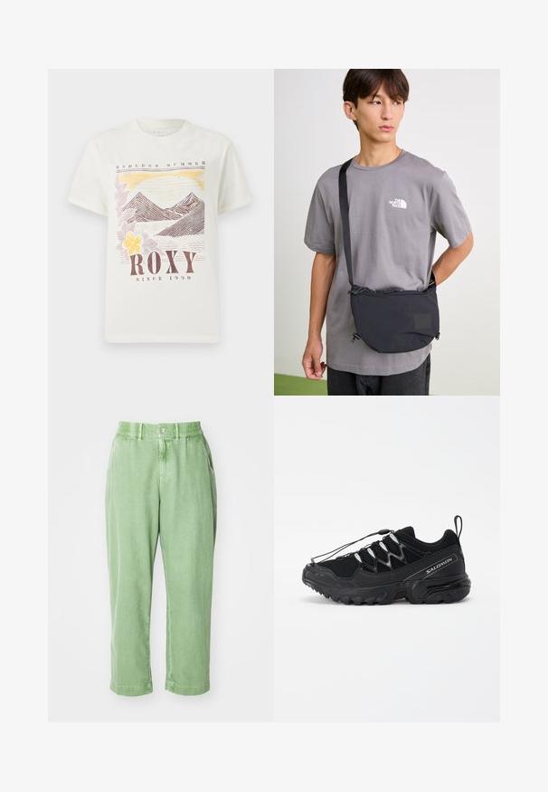 Tricou alb din bumbac, cu un grafic ce reprezintă munți și un apus de soare în tonuri pământii, având textul "ROXY" și "VERILE NESFÂRȘITE". Croială clasică, mâneci scurte.; Pantaloni ușor verzi, cu croială lejeră, realizați dintr-un material moale. Au un sistem de închidere cu nasture și un talie elastică, precum și buzunare laterale și picioare conice.; Pantofi de alergare negri cu partea superioară din plasă, accente reflectorizante și șireturi elastice. Au o talpă robustă cu modele de tracțiune pentru stabilitate.; Geantă neagră din nailon tip crossbody, cu curea ajustabilă, având închidere cu șnur și detaliu de logo embosat. Pur tată deasupra unei tricouri gri.