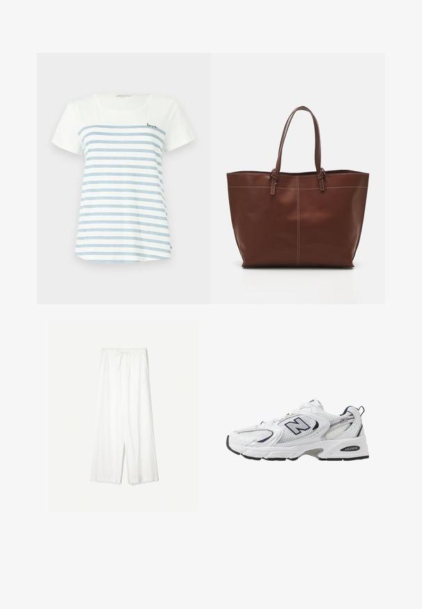 TOM TAILOR DENIM PRINTED SLUB - T-shirt print - white/mint; Witte wijde broek met een trekkoord in de taille, weergegeven tegen een effen achtergrond, wat de ontspannen stijl en de textuur van de stof benadrukt.; Witte sport schoen met mesh bovenkant, marineblauwe accenten en een gehoorzaamde zool. Bevat het "N" logo, veters en een gestructureerde detail aan de zijkant.; Bruine leren tote bag met dubbele handvatten, heeft contrasterende stiksels en een ruime indeling, geschikt voor dagelijks gebruik.