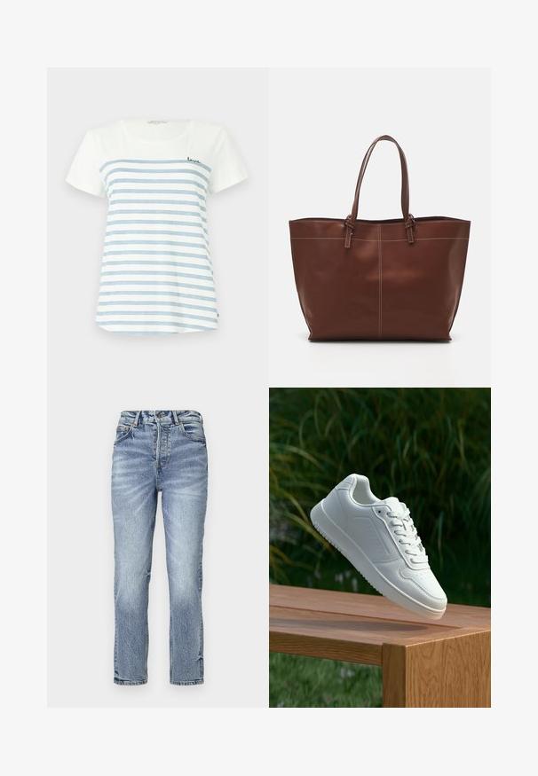 TOM TAILOR DENIM PRINTED SLUB - Triko s potiskem - white/mint; Světle modré džíny z denimu se rovnými nohavicemi, vysokým pasem, vybledlou strukturou a pěti kapsami. Obsahují kovové knoflíky a zapínání na zip.; Bílé tenisky s hladkým syntetickým svrškem, perforovanou špičkou, plochými tkaničkami a texturovanou podrážkou, vystavené na dřevěném povrchu.; Hnědá kožená taška přes rameno s dvojitými uchy, s kontrastním prošíváním a prostorným designem, vhodná pro každodenní použití.