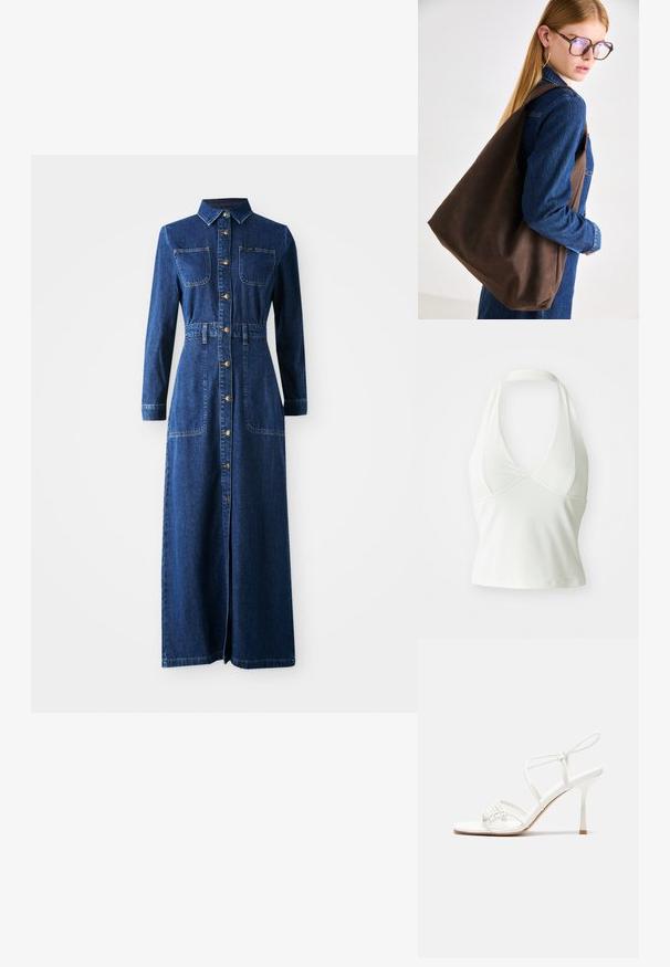 White halter neck top with a deep V-neckline, made of smooth, stretchy fabric. Features a fitted design and a cropped silhouette.; Denim maxi dress with long sleeves, pointed collar, button-down front, two chest pockets, cinched waist, and side slits for ease of movement.; White strappy high-heeled sandal with a flat toe base, textured front with gathered accents, and a slim ankle strap.; Brown leather tote bag with a soft texture, featuring a spacious design and a single strap. Worn with a blue denim jacket.